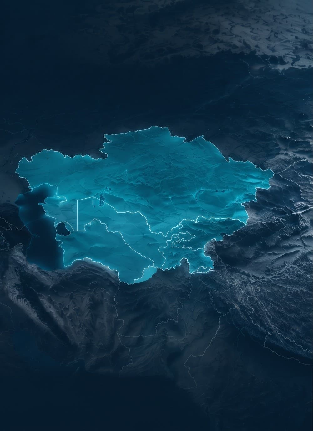 Relief map of Central Asia, the region lit in teal against a darkened surrounding landmass