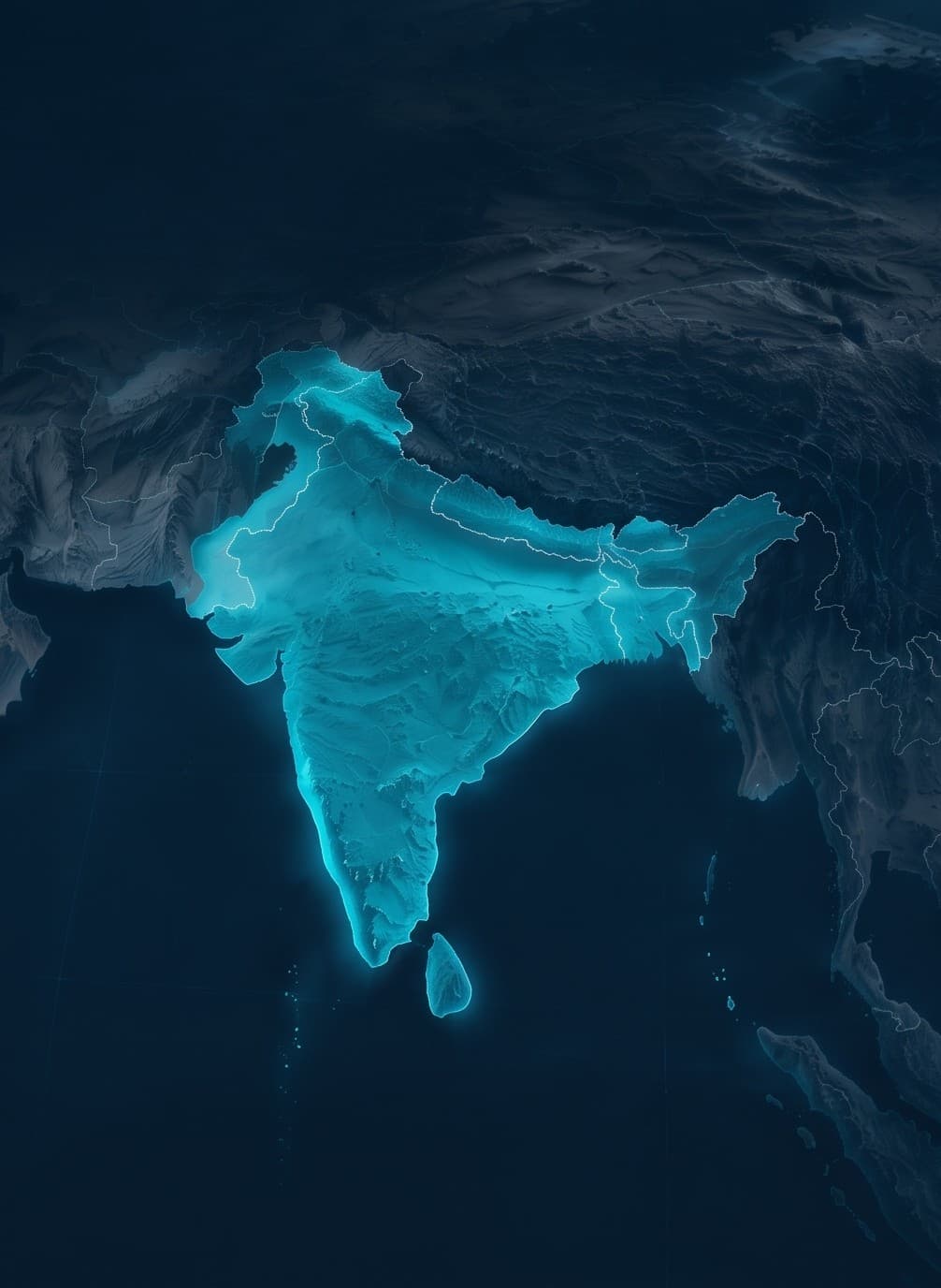 Relief map of South Asia, the region lit in teal against a darkened surrounding landmass