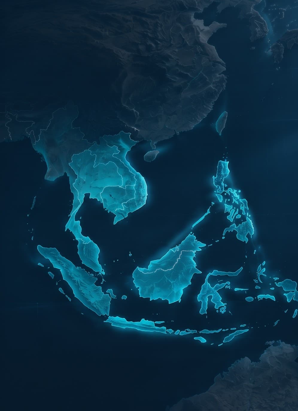 Relief map of Southeast Asia, the mainland and archipelago lit in teal against a darkened surrounding landmass