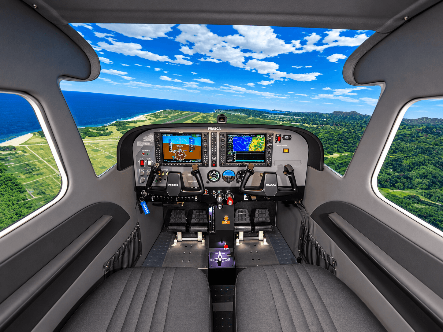 Flight simulator cockpit interior with a full outside-view display