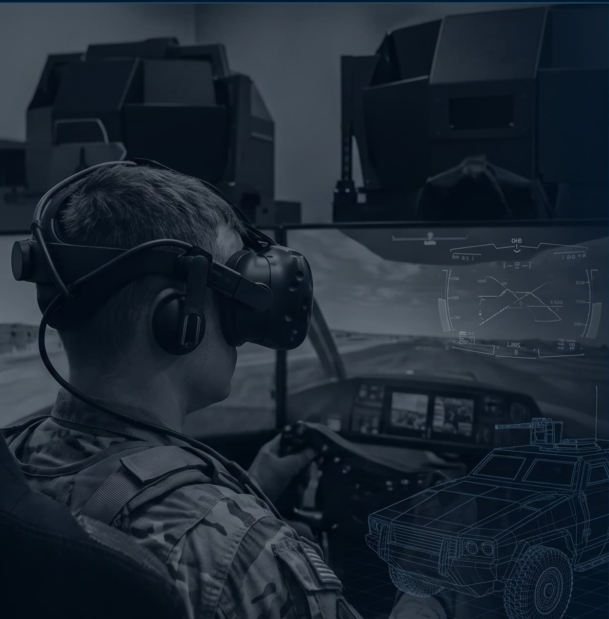 Soldier in a VR headset operating a full-motion vehicle simulator with a tactical heads-up display overlay