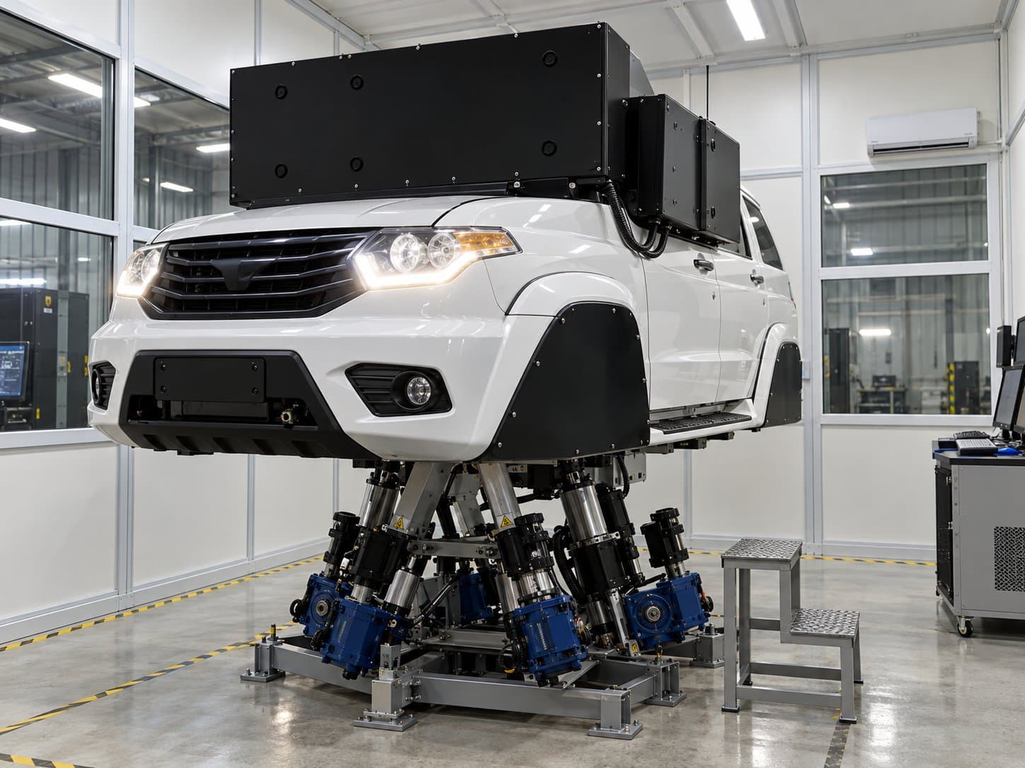 Driver-training simulator: a full SUV body mounted on a six-actuator motion platform with its visual housing above the windscreen