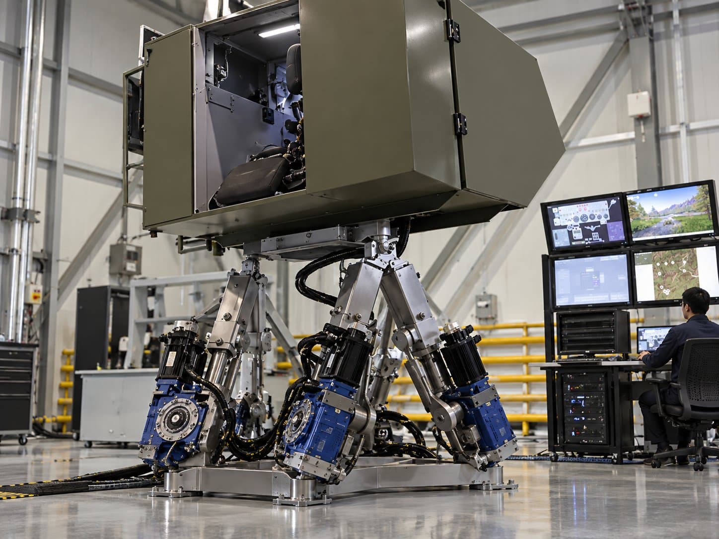Close view of a crew-cab simulator carried on six electric actuators, the linkage that produces its motion cueing
