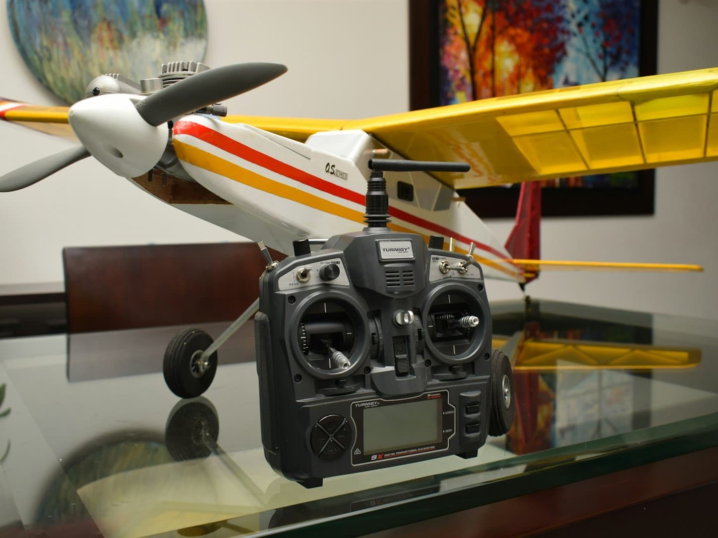 A high-wing radio-controlled trainer aircraft with its transmitter set down in front of it