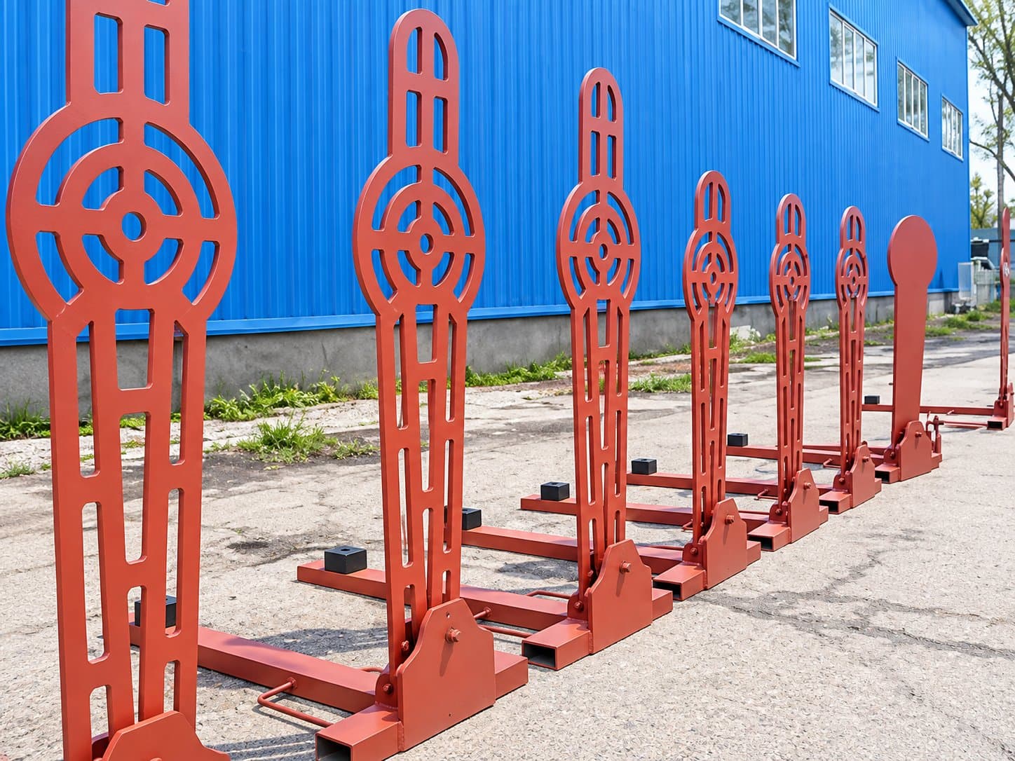 Row of steel pop-up target frames on hinged bases, each cut with a concentric scoring pattern, lined up on a range apron