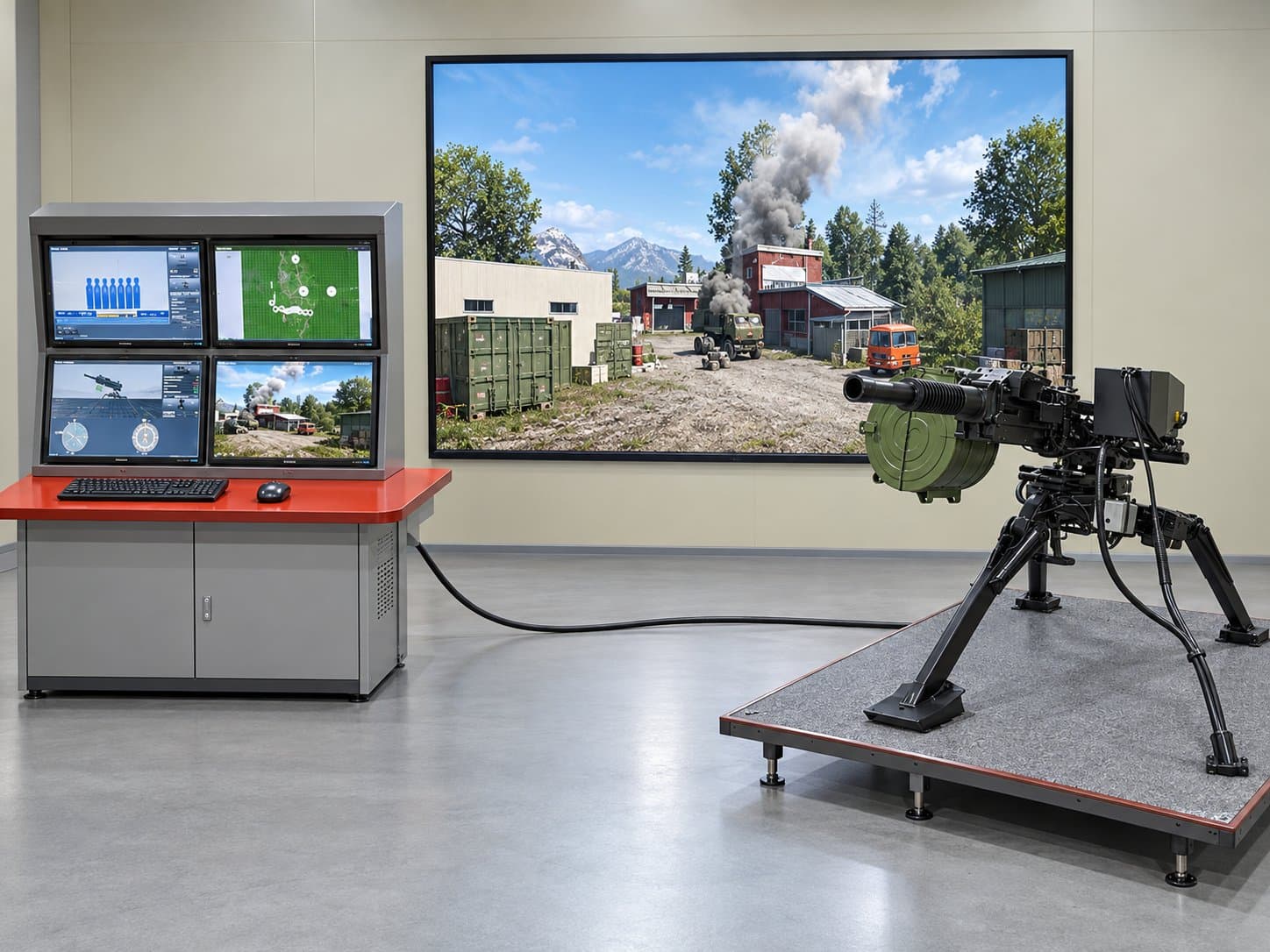 Tactical shooting simulator: a mounted weapon trainer aimed at a projected scenario, with the instructor control desk alongside